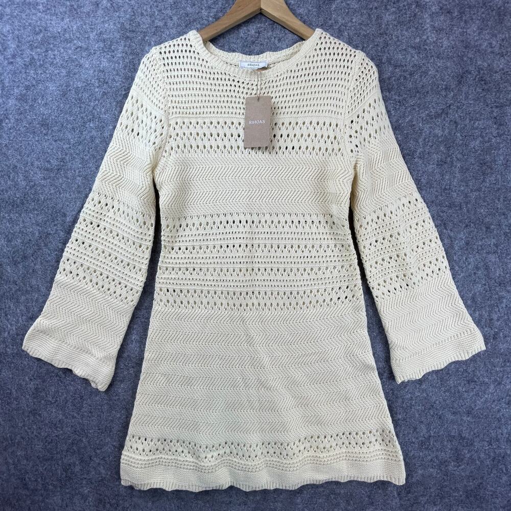 Rihoas Apricot Cutout Knit Sweater Dress M‎ Natural Girl Crochet Coastal Cowgirl